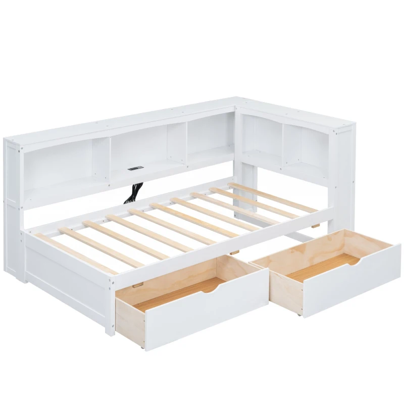 Vinsetto Twin Size Daybed with 2 Storage Drawers, Storage Cabinets, USB Ports, Solid Wood and MDF, 86" L x 51" W x 37.5" H, White