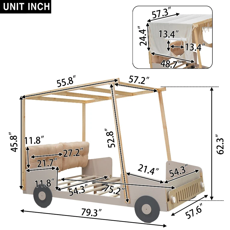Wood Full Size Car Bed with Pillow, Ceiling Cloth, LED Lights, and Magazine Holder, 79" L x 57.5" W x 62" H, Natural