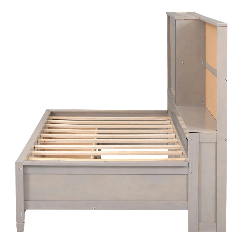 Twin Size Lounge Daybed with Storage Shelves, Cork Board, USB Ports, and 3 Drawers, 78.5" L x 50" W x 51" H, Antique Gray