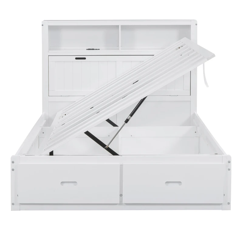 Wood Full Size Hydraulic Platform Bed with Storage LED Headboard, Charging Station, and 2 Drawers, 86" L x 56.5" W x 47" H, White
