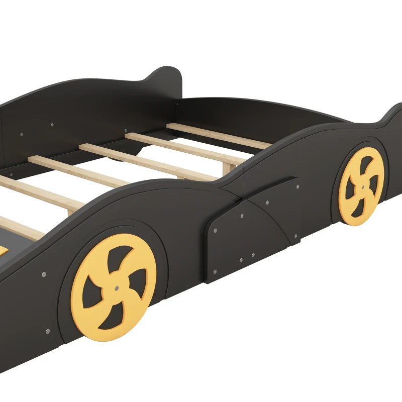 Full Size Race Car-Shaped Platform Bed with Wheels and Storage, Solid Wood and MDF, 90.5" L x 55" W x 15.5" H, Black