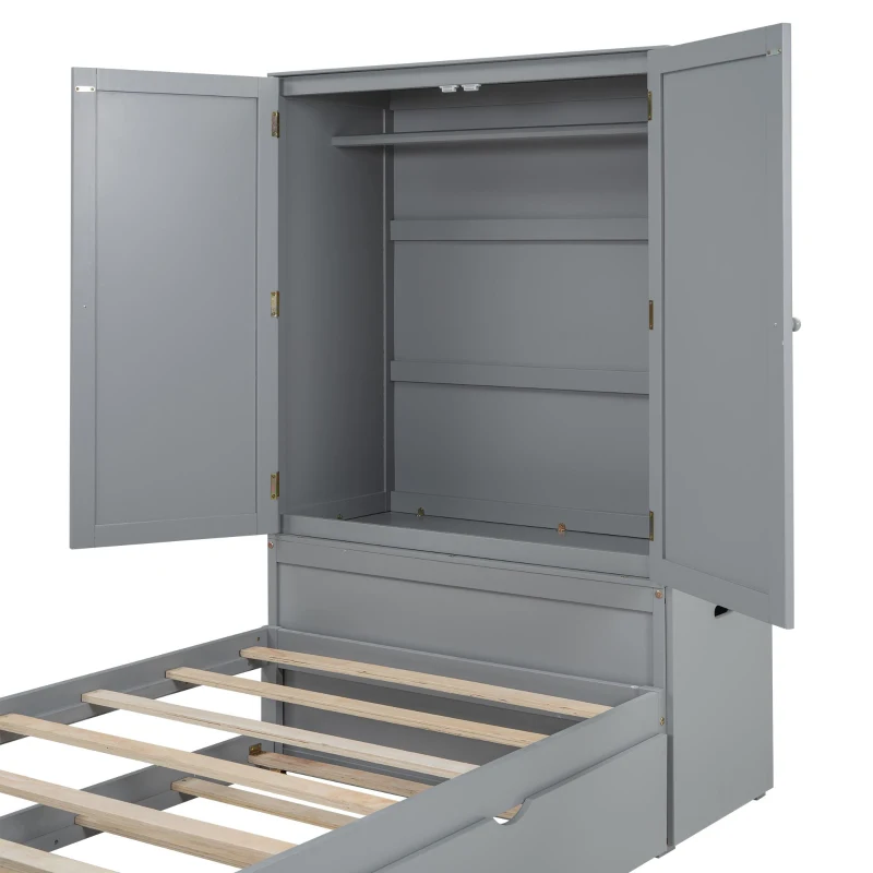 Twin Size Platform Bed with Storage Headboard, Footboard, Pull Out Shelves, and Twin Size Trundle, 101" L x 41.5" W x 65.5" H, Gray
