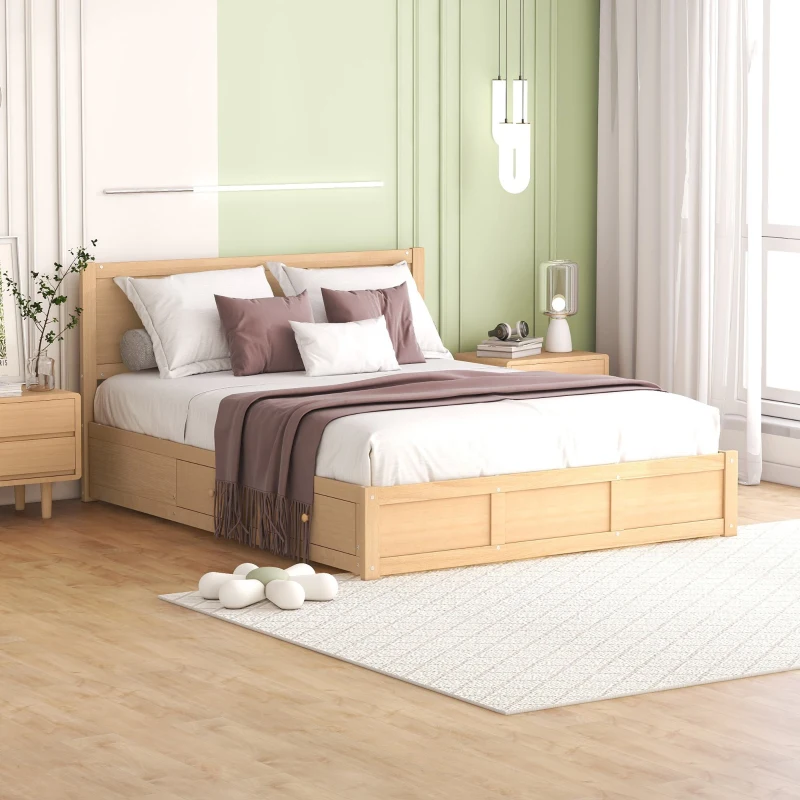 Queen Size Wood Platform Bed with Underneath Storage, 2 Drawers, and Sturdy Wood Frame, 82" L x 63.5" W x 37.5" H, Natural