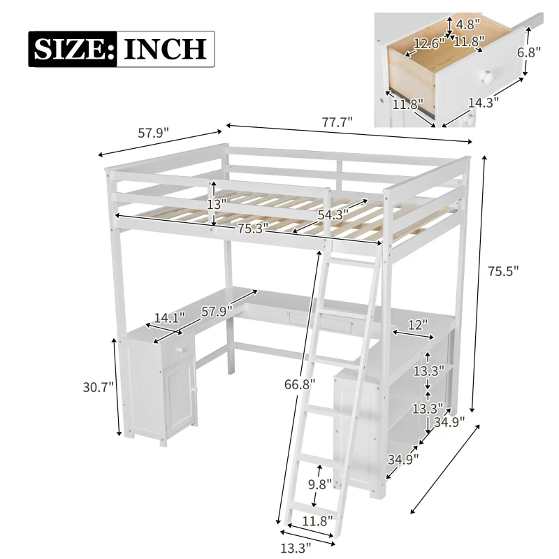 Full Size Loft Bed with U-shaped Desk, Drawers, Storage Shelves, and Sturdy Wood Frame, 77.5" L x 70" W x 75.5" H, White