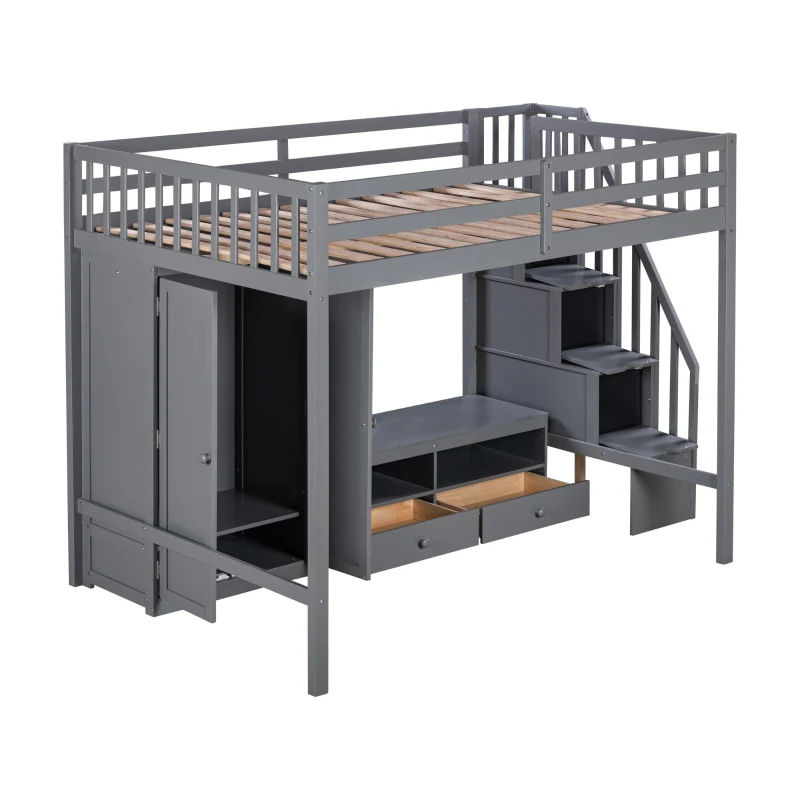 Full Size Loft Bed Frame with Wardrobe, Low Storage Table, Storage Staircase, Solid Wood and MDF, 93.5" L x 56.5" W x 65.5" H, Gray