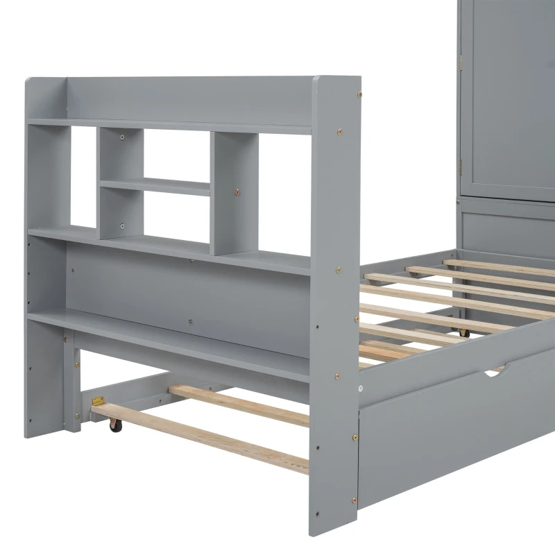 Twin Size Platform Bed with Storage Headboard, Footboard, Pull Out Shelves, and Twin Size Trundle, 101" L x 41.5" W x 65.5" H, Gray