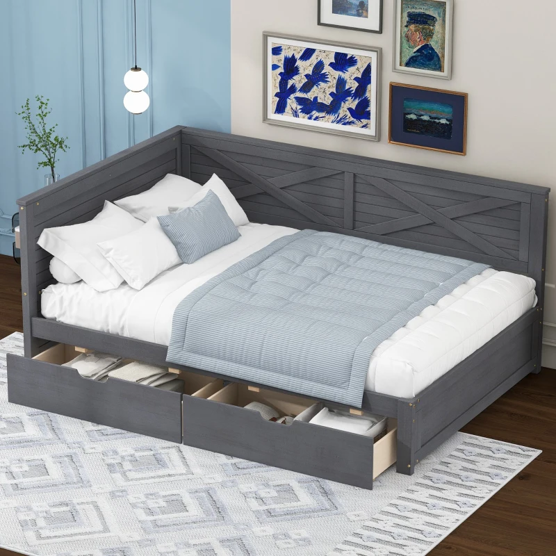 Vinsetto Twin Size Wood Daybed with 2 Drawers, Rustic Guardrail, Solid Pine Wood and MDF, 77.5" L x 42" W x 33.5" H, Grey