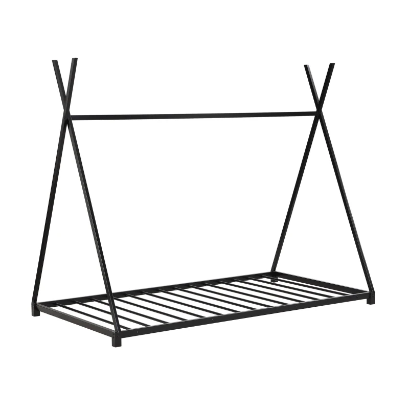 Metal Twin Size House Platform Bed with Triangle Structure, Sturdy Frame, and Safety Railings, 78" L x 41" W x 63" H, Black