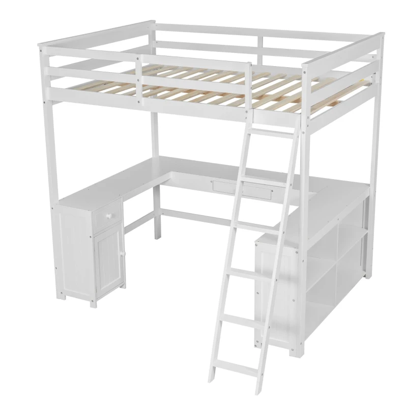 Full Size Loft Bed with U-shaped Desk, Drawers, Storage Shelves, and Sturdy Wood Frame, 77.5" L x 70" W x 75.5" H, White