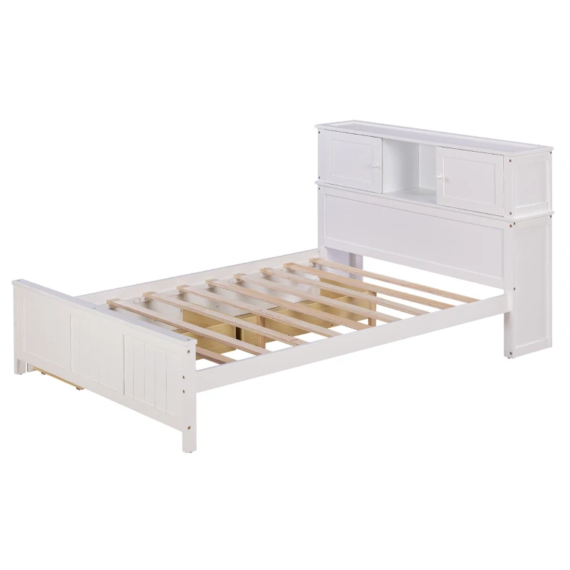 Vinsetto Full Size Platform Bed with Storage Headboard, Sliding Door, and 2 Drawers, Solid Wood and MDF, 89" L x 58" W x 42" H, White