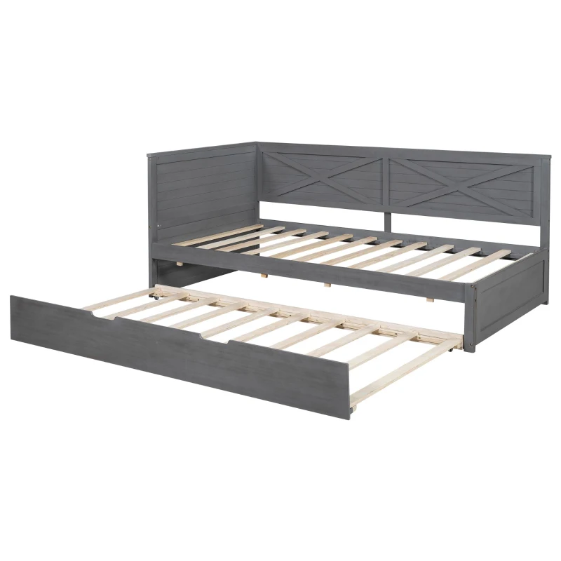 Vinsetto Twin Size Wood Daybed with Trundle, Rustic Guardrail, Solid Wood Construction, 77.5" L x 42" W x 33.5" H, Grey