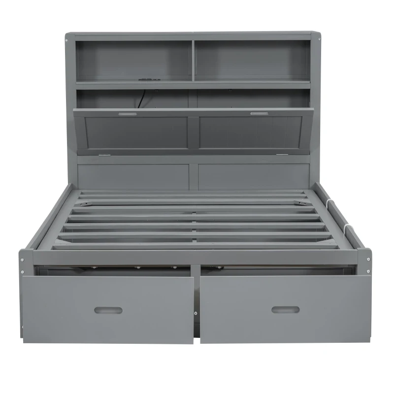 Wood Full Size Hydraulic Platform Bed with Storage LED Headboard, Charging Station, and 2 Drawers, 86" L x 56.5" W x 47" H, Gray