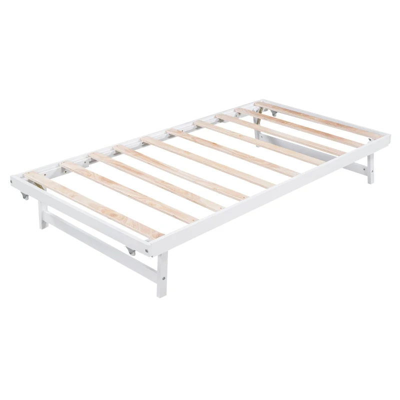 Full Size Platform Bed with Adjustable Trundle, Solid Pine Wood and MDF, 78" L x 97.5" W x 39.5" H, White
