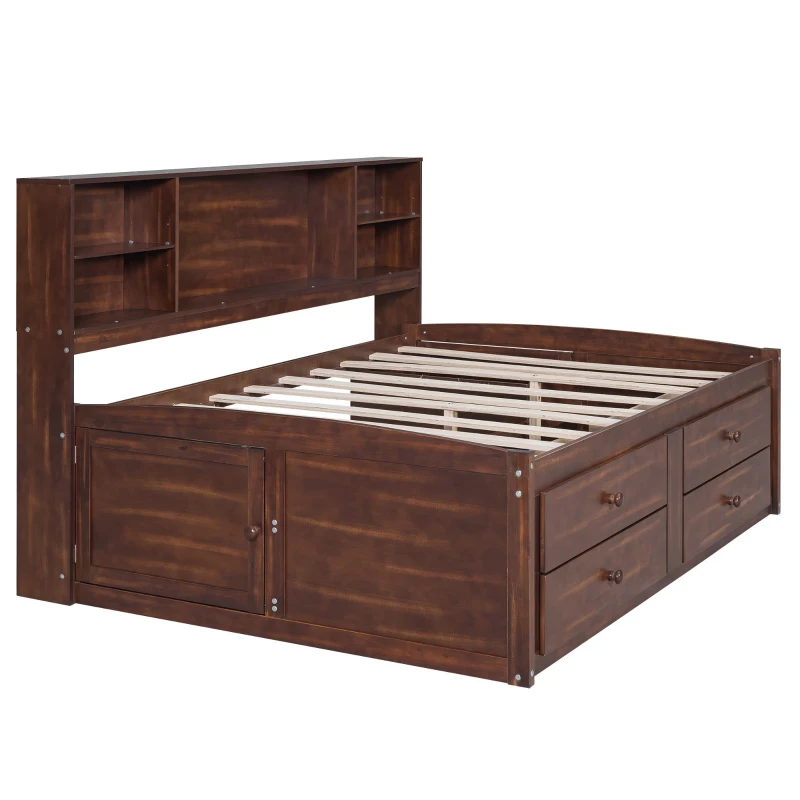 Full Size Wooden Captain Bed with Storage Shelves, 4 Drawers, 2 Cabinets, and Bookcase Headboard, 79" L x 63" W x 48" H, Antique brown