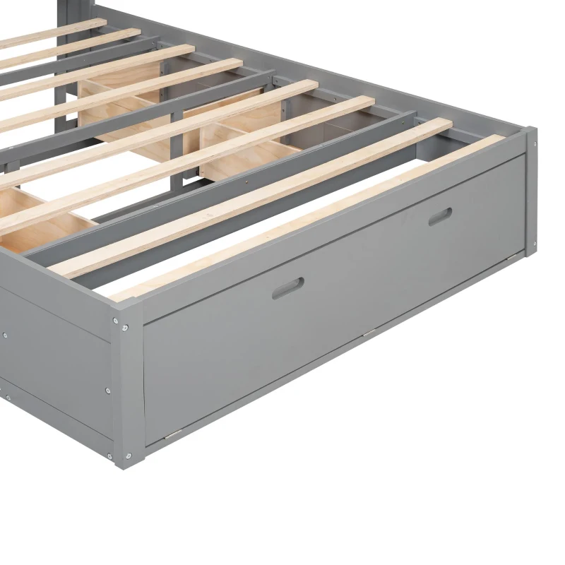 Wood Queen Size Platform Bed with Storage Headboard, Shoe Rack, and 4 Drawers, 90.5" L x 63" W x 43" H, Gray