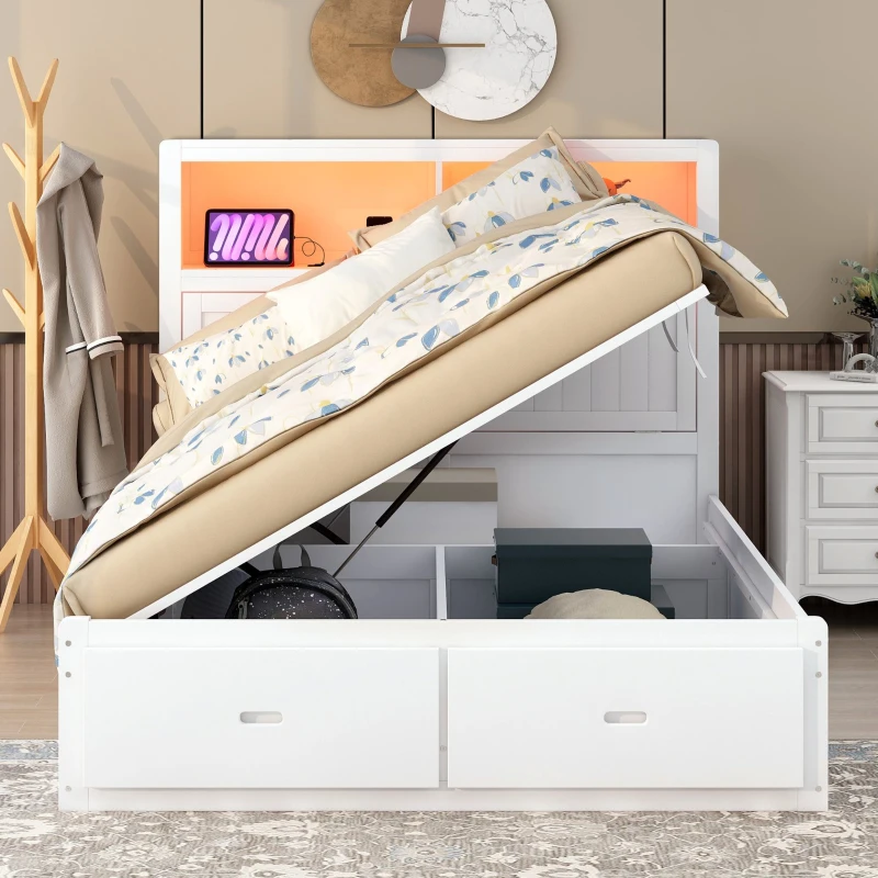 Wood Queen Size Hydraulic Platform Bed with Storage LED Headboard, Charging Station, and 2 Drawers, 90.5" L x 63" W x 47" H, White