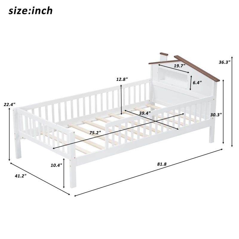 Twin Size Wood Platform Bed with House-Shaped Headboard, LED Light, Built-in Storage, 82" L x 41" W x 36" H, White