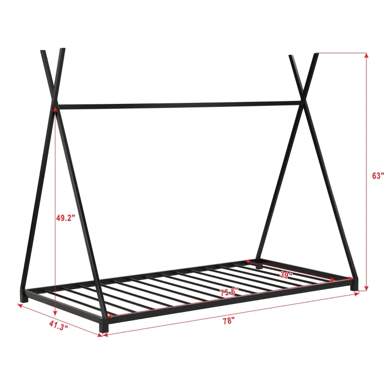 Metal Twin Size House Platform Bed with Triangle Structure, Sturdy Frame, and Safety Railings, 78" L x 41" W x 63" H, Black