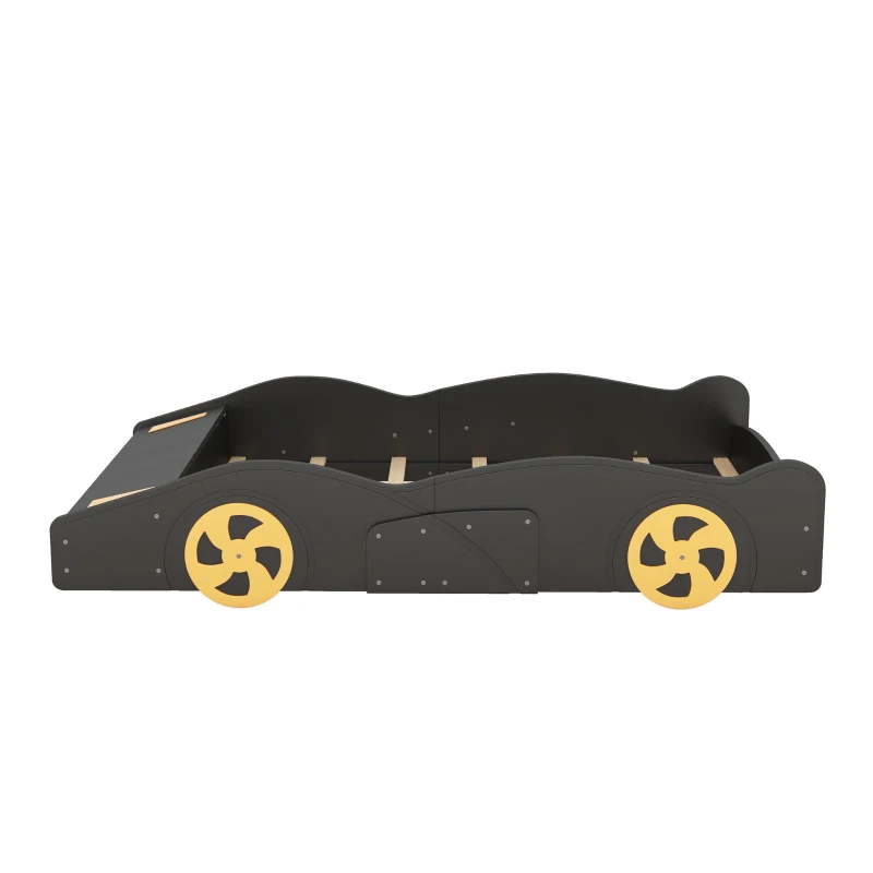 Full Size Race Car-Shaped Platform Bed with Wheels and Storage, Solid Wood and MDF, 90.5" L x 55" W x 15.5" H, Black