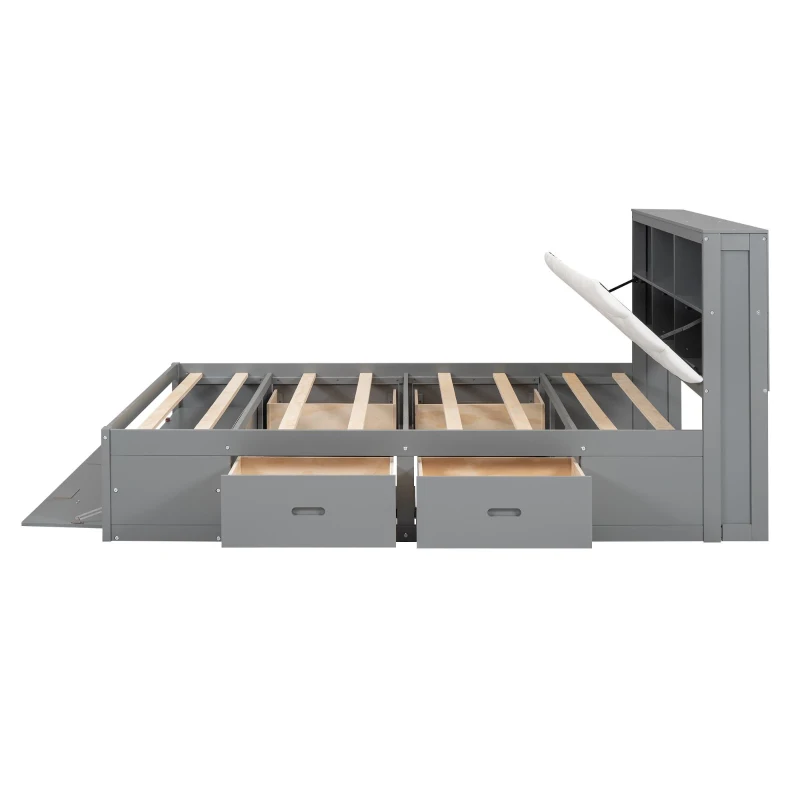 Wood Queen Size Platform Bed with Storage Headboard, Shoe Rack, and 4 Drawers, 90.5" L x 63" W x 43" H, Gray