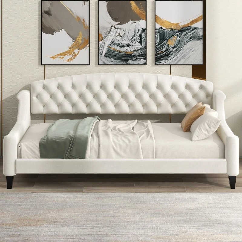 Modern Luxury Tufted Button Twin Size Upholstered Daybed with Foam Fill, Wood Supports, 80.5" L x 45.5" W x 34" H, Beige