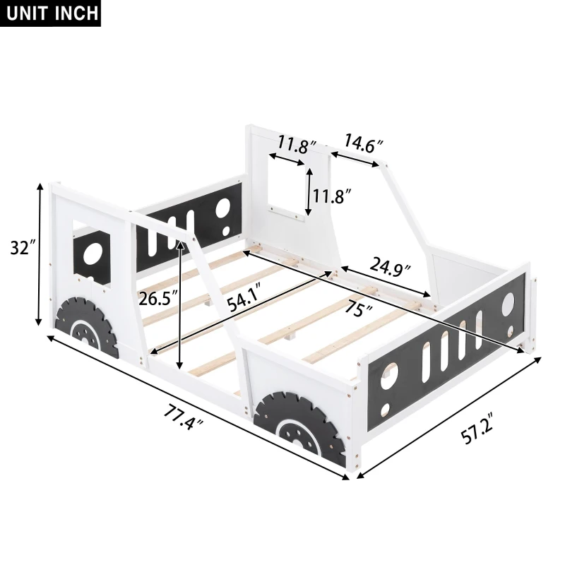 Full Size Classic Car-Shaped Platform Bed with Wheels, Sturdy Pine Wood and MDF Frame, Easy Assembly, 77.5" L x 57" W x 32" H, White