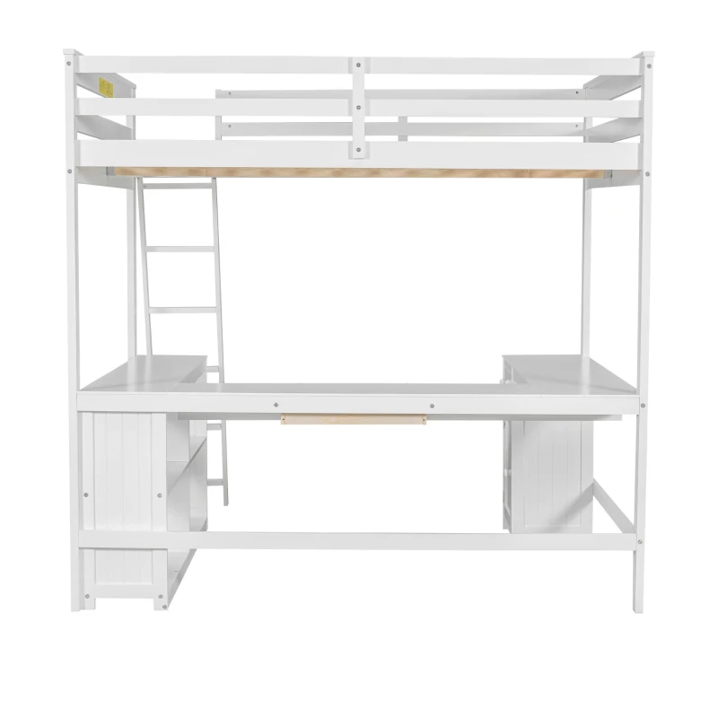 Full Size Loft Bed with U-shaped Desk, Drawers, Storage Shelves, and Sturdy Wood Frame, 77.5" L x 70" W x 75.5" H, White