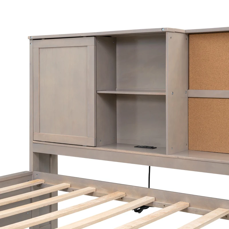 Twin Size Lounge Daybed with Storage Shelves, Cork Board, USB Ports, and 3 Drawers, 78.5" L x 50" W x 51" H, Antique Gray