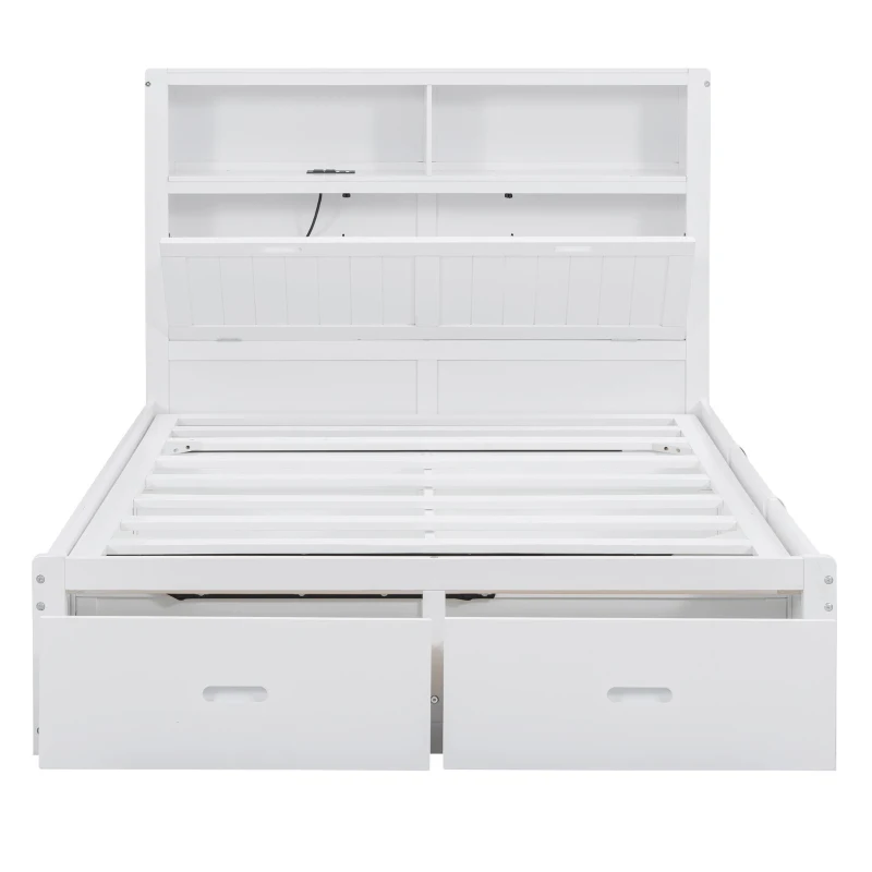 Wood Full Size Hydraulic Platform Bed with Storage LED Headboard, Charging Station, and 2 Drawers, 86" L x 56.5" W x 47" H, White