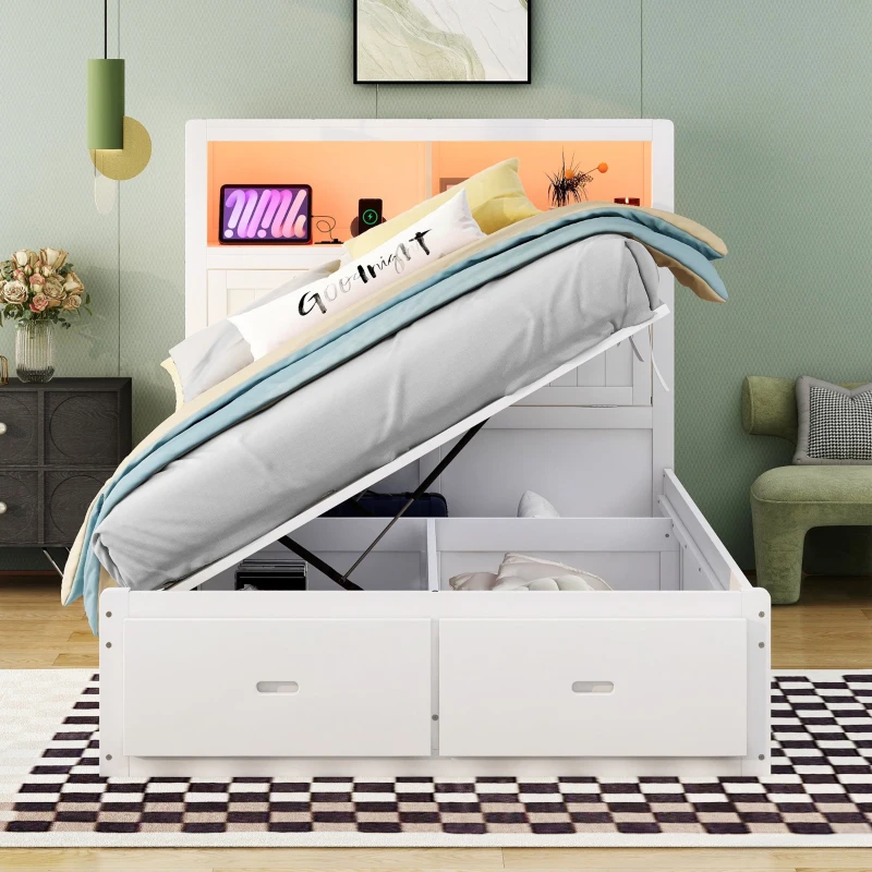Wood Full Size Hydraulic Platform Bed with Storage LED Headboard, Charging Station, and 2 Drawers, 86" L x 56.5" W x 47" H, White
