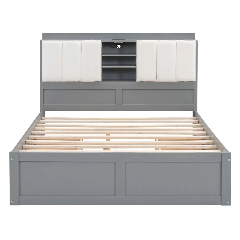 Vinsetto Wood Full Size Platform Bed with Storage Headboard, 4 Drawers, USB Charging Interface, 87" L x 56.5" W x 39.5" H, Gray