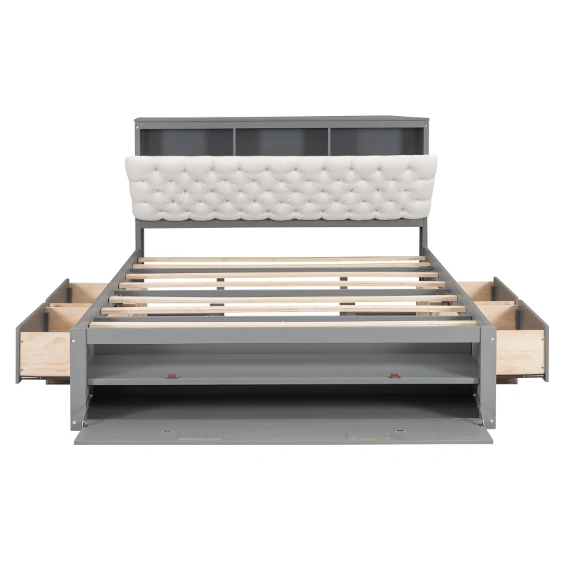 Wood Queen Size Platform Bed with Storage Headboard, Shoe Rack, and 4 Drawers, 90.5" L x 63" W x 43" H, Gray