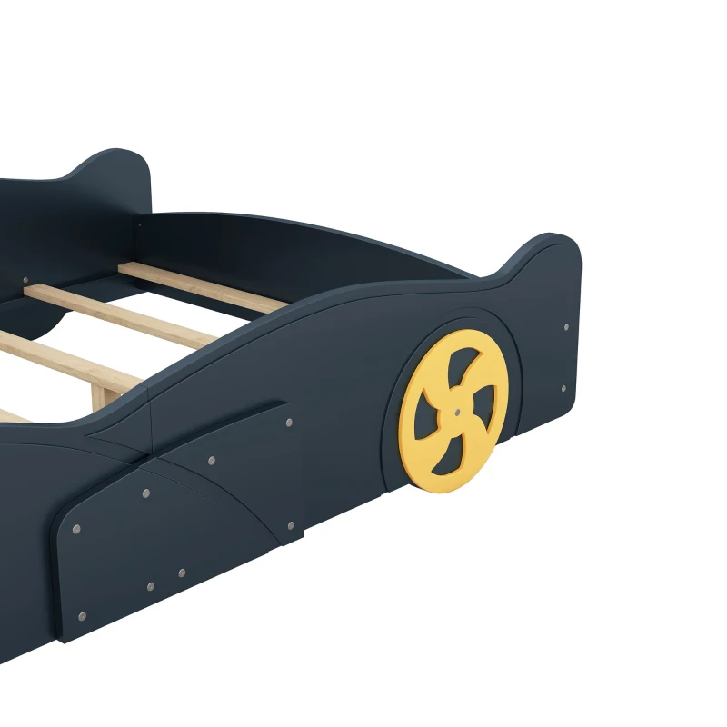 Full Size Race Car-Shaped Platform Bed with Wheels and Storage, Solid Wood and MDF, 90.5" L x 55" W x 15.5" H, Dark Blue