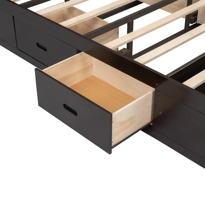 Wood Queen Size Platform Bed with Storage Headboard, Shoe Rack, and 4 Drawers, 90.5" L x 63" W x 43" H, Espresso