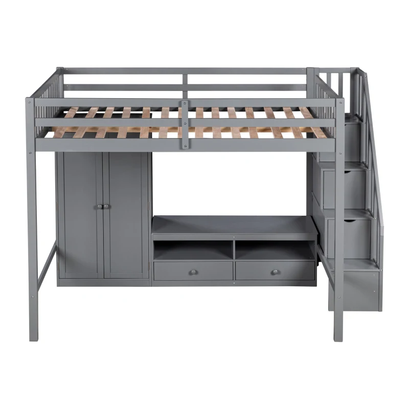 Full Size Loft Bed Frame with Wardrobe, Low Storage Table, Storage Staircase, Solid Wood and MDF, 93.5" L x 56.5" W x 65.5" H, Gray