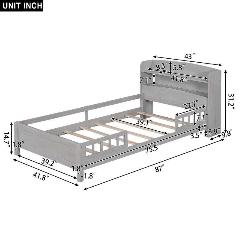 Wood Twin Size Platform Bed with Built-in LED Light, Storage Headboard, Guardrail, and Sturdy Construction, 87" L x 43" W x 31" H, Antique Gray