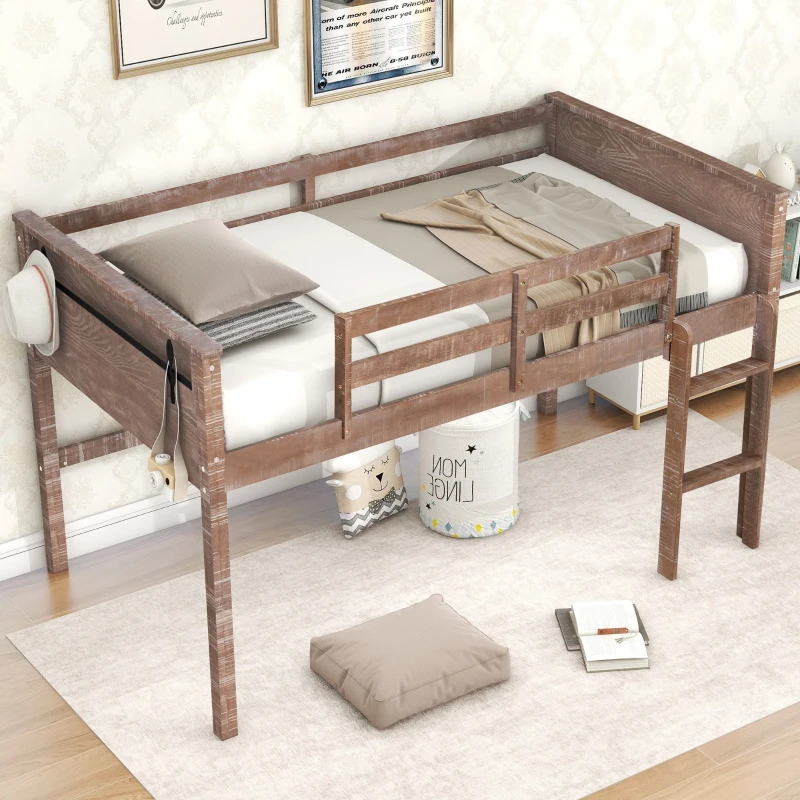 Wood Twin Size Loft Bed with Hanging Clothes Racks, Guardrails, and Playful Space, Solid Pine Construction, 79" L x 42" W x 42.5" H, Natural