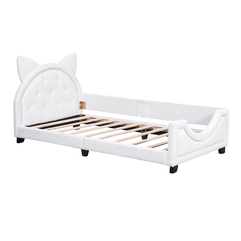 Teddy Fleece Twin Size Upholstered Daybed with Carton Ears Shaped Headboard, Sturdy Frame, Easy to Assemble, 80" L x 41" W x 37" H, White