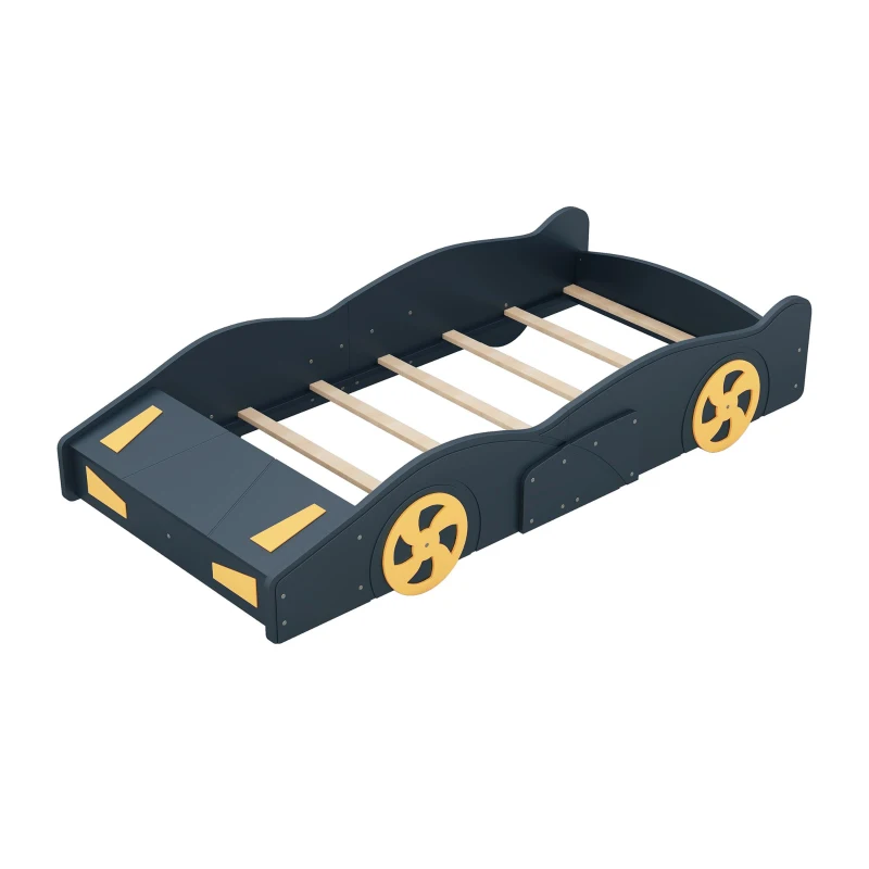 Twin Size Race Car-Shaped Platform Bed with Wheels and Storage, Solid Wood and MDF, 90.5" L x 40" W x 15.5" H, Dark Blue