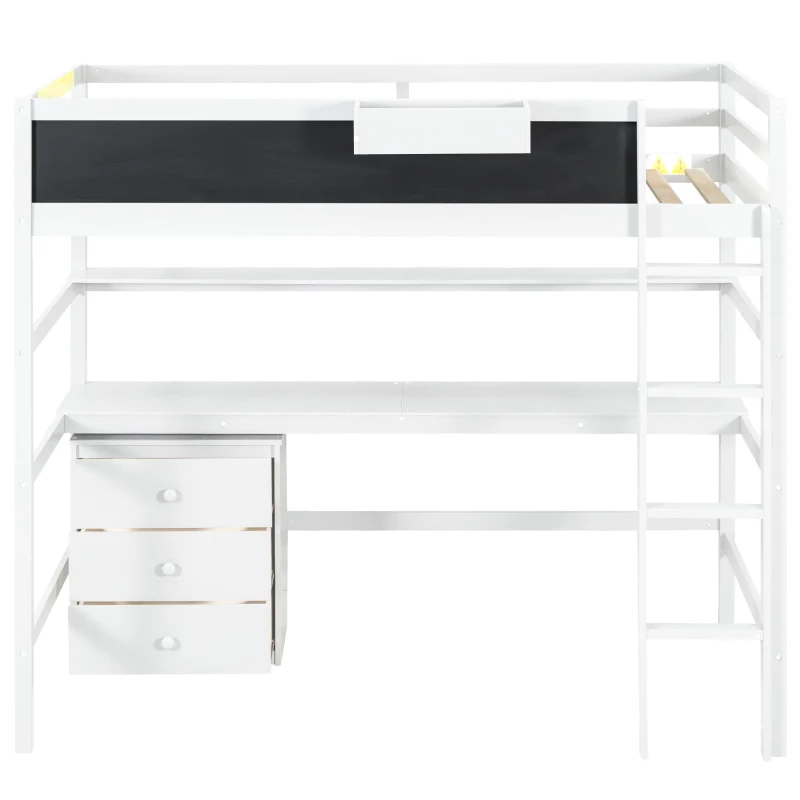 Wood Twin Size Loft Bed with Desk, Blackboard, Storage Box, Shelf, and 3 Drawers, 79" L x 42" W x 69.5" H, White
