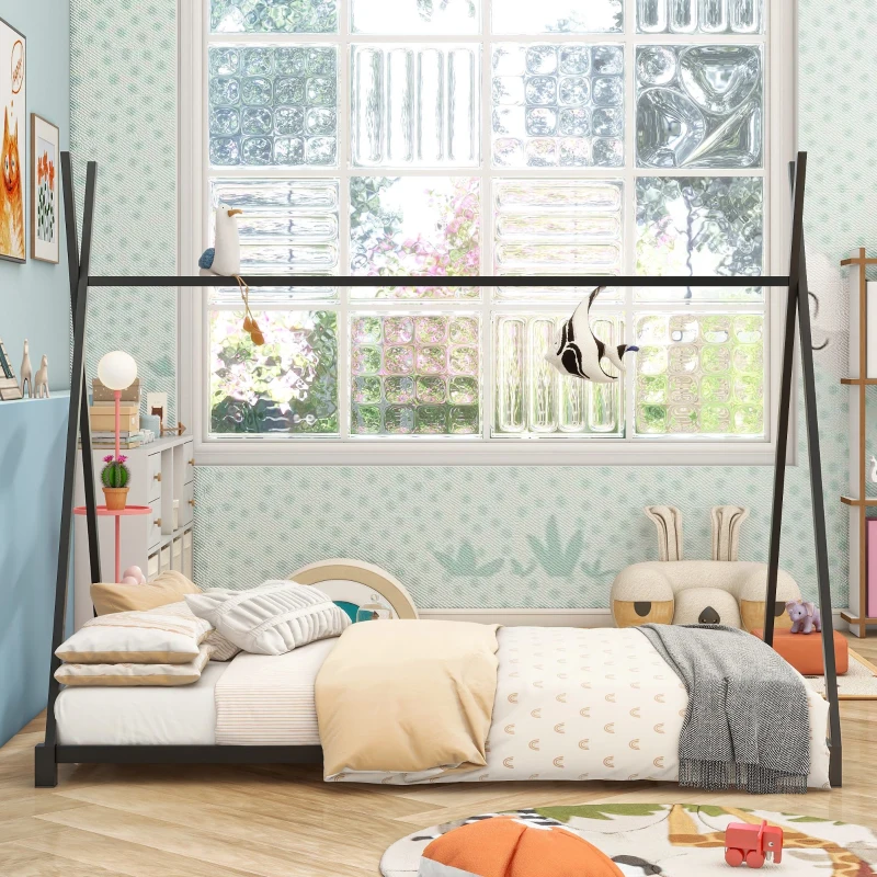 Metal Twin Size House Platform Bed with Triangle Structure, Sturdy Frame, and Safety Railings, 78" L x 41" W x 63" H, Black