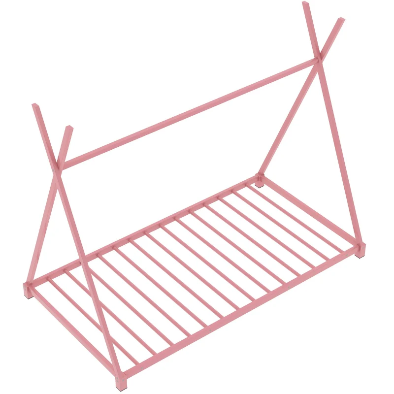 Metal Twin Size House Platform Bed with Triangle Structure, Sturdy Frame, and Safety Railings, 78" L x 41" W x 63" H, Pink