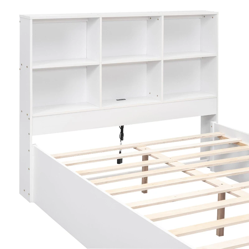 Full Size Platform Bed with Storage Headboard, Charging Station, and 2 Drawers, Solid Wood and MDF, 85" L x 55" W x 48" H, White