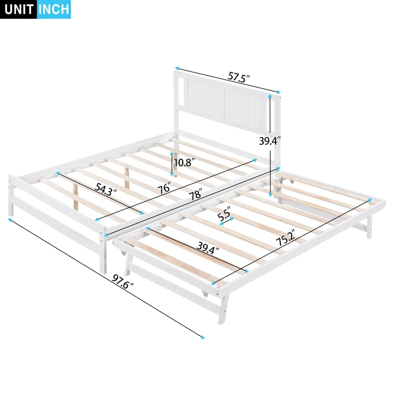 Full Size Platform Bed with Adjustable Trundle, Solid Pine Wood and MDF, 78" L x 97.5" W x 39.5" H, White