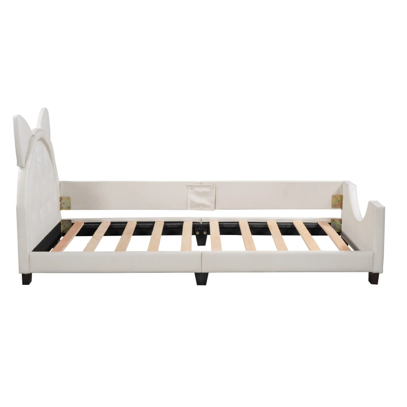 Twin Size Upholstered Daybed with Carton Ears Shaped Headboard, Sturdy Wood Frame, Easy Assembly, 80" L x 41" W x 37" H, White