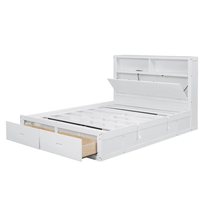 Wood Queen Size Hydraulic Platform Bed with Storage LED Headboard, Charging Station, and 2 Drawers, 90.5" L x 63" W x 47" H, White