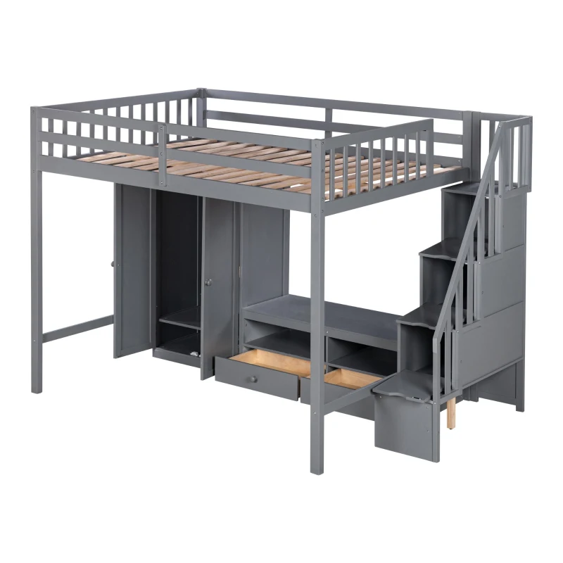 Full Size Loft Bed Frame with Wardrobe, Low Storage Table, Storage Staircase, Solid Wood and MDF, 93.5" L x 56.5" W x 65.5" H, Gray