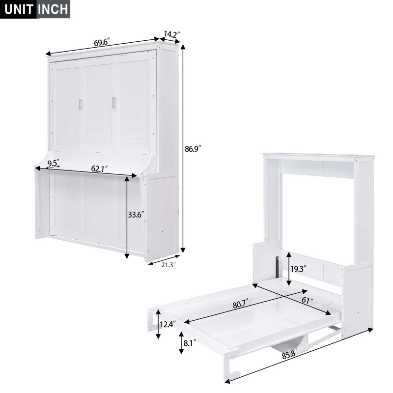 Space-Saving Design Queen Size Murphy Bed with Shelf, Solid Wood and MDF, 86" L x 69.5" W x 87" H, White