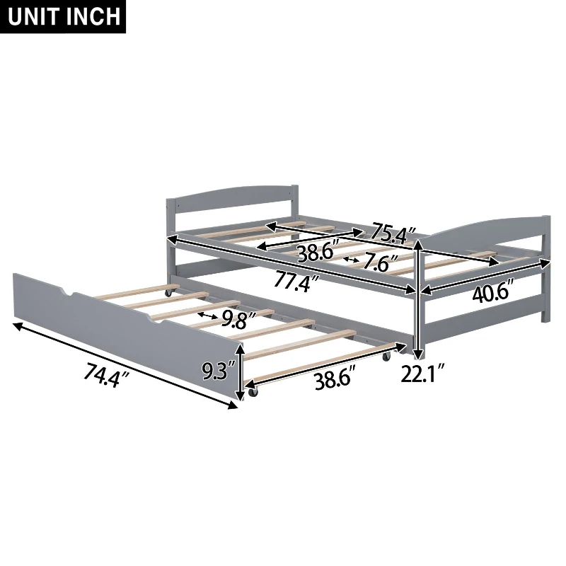 Twin Size Platform Bed with Twin Size Trundle, Headboard and Footboard, Sturdy Pine Wood Construction, 77.5" L x 40.5" W x 22" H, Gray