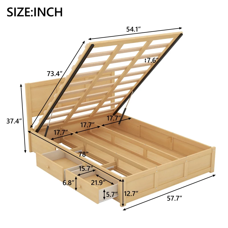 Full Size Wood Platform Bed with Underneath Storage, 2 Drawers, and Sturdy Wood Frame, 78" L x 57.5" W x 37.5" H, Natural